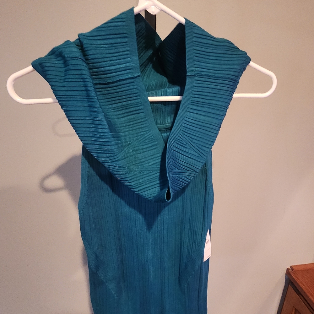 White House Black Market‎ Teal Ribbed Knit Top with Foldover Collar